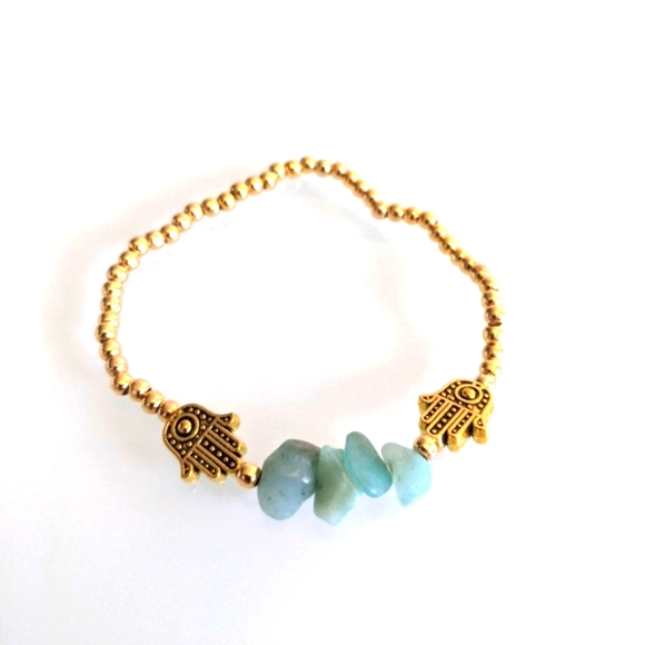 2 stone, gold plated beads, pearl & lettered bracelet stackable - Picture 8 of 11